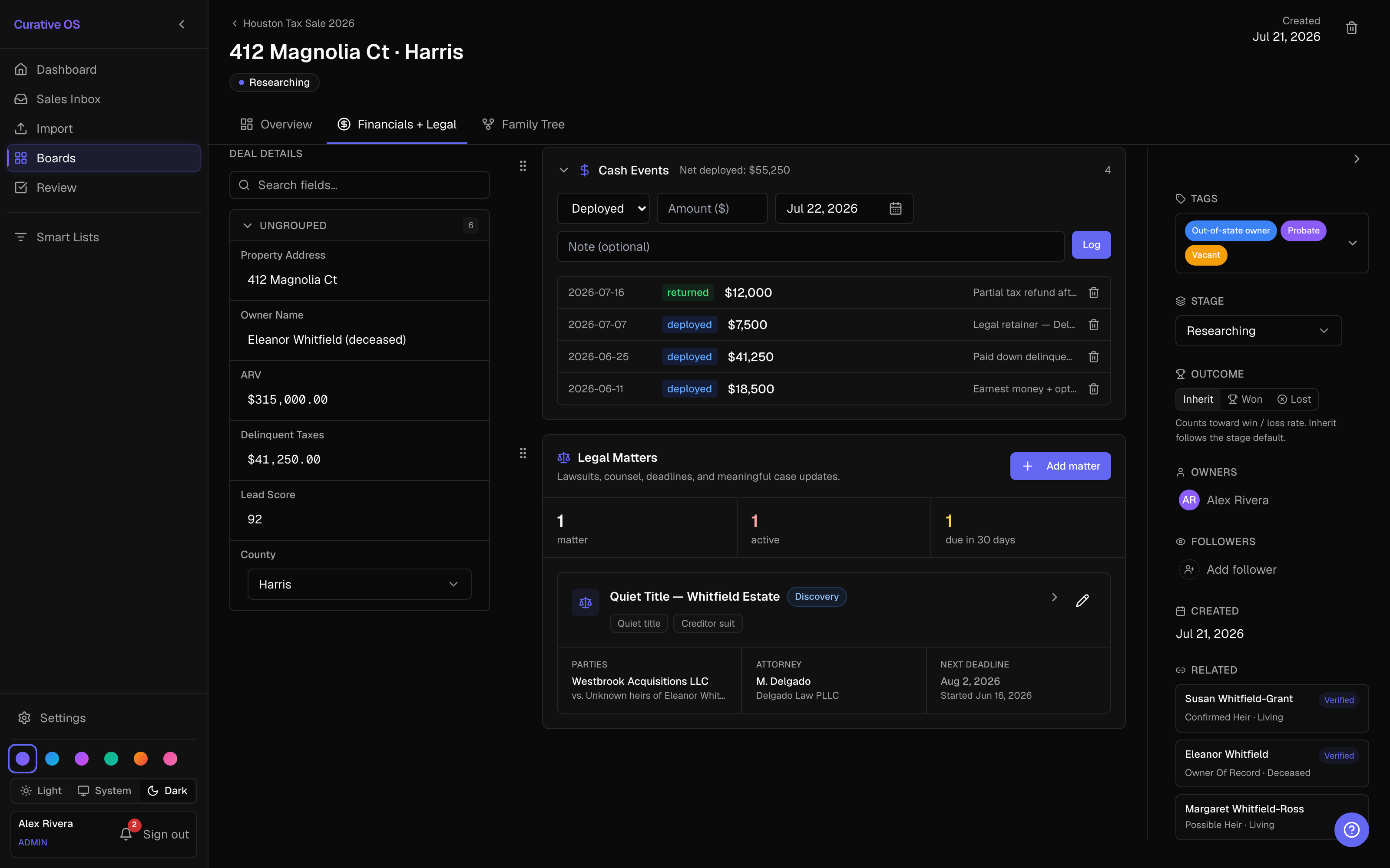 Curative OS Cash Events panel with deployed and returned entries and a net deployed total