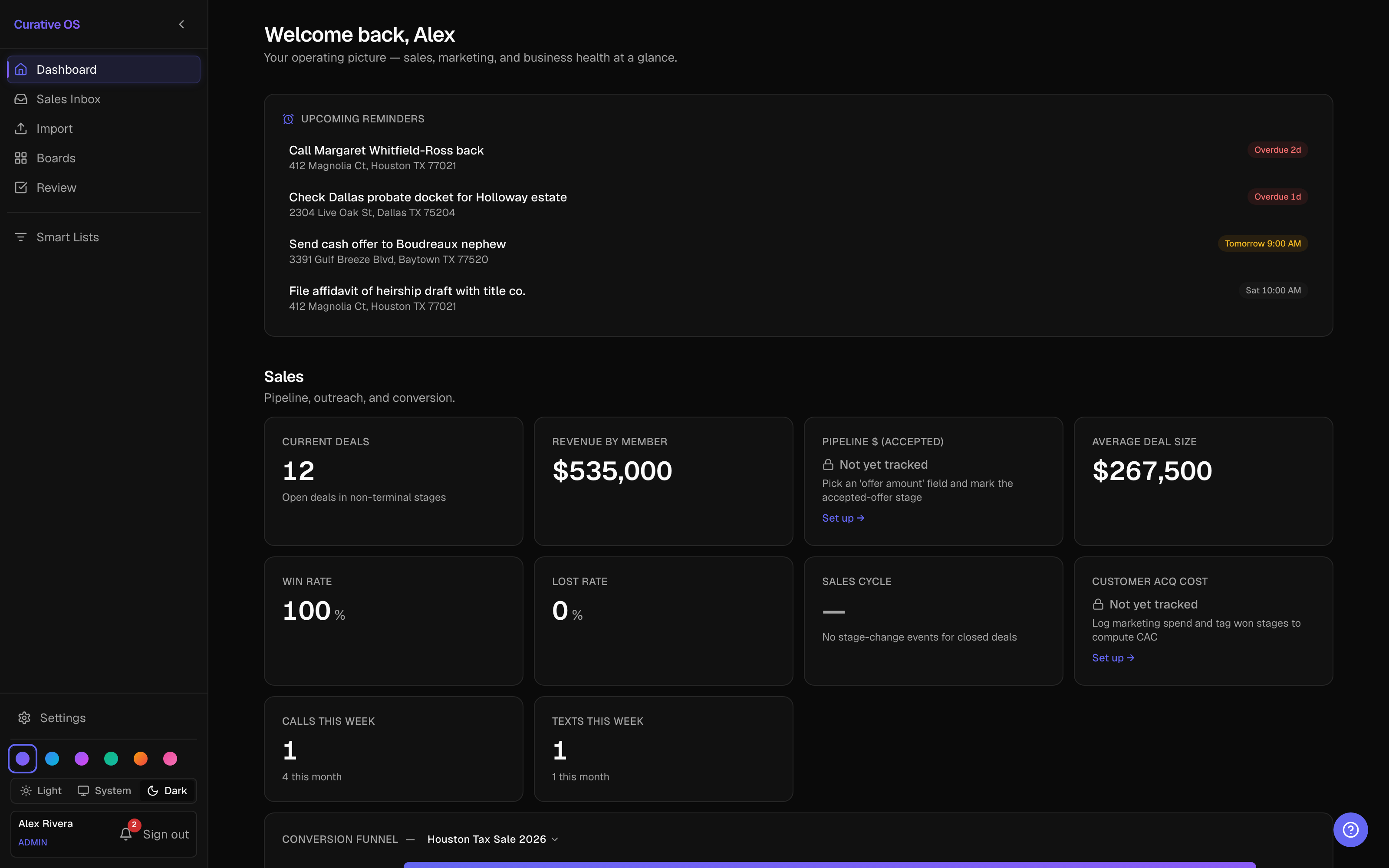 Curative OS dashboard with KPI tiles and conversion funnel