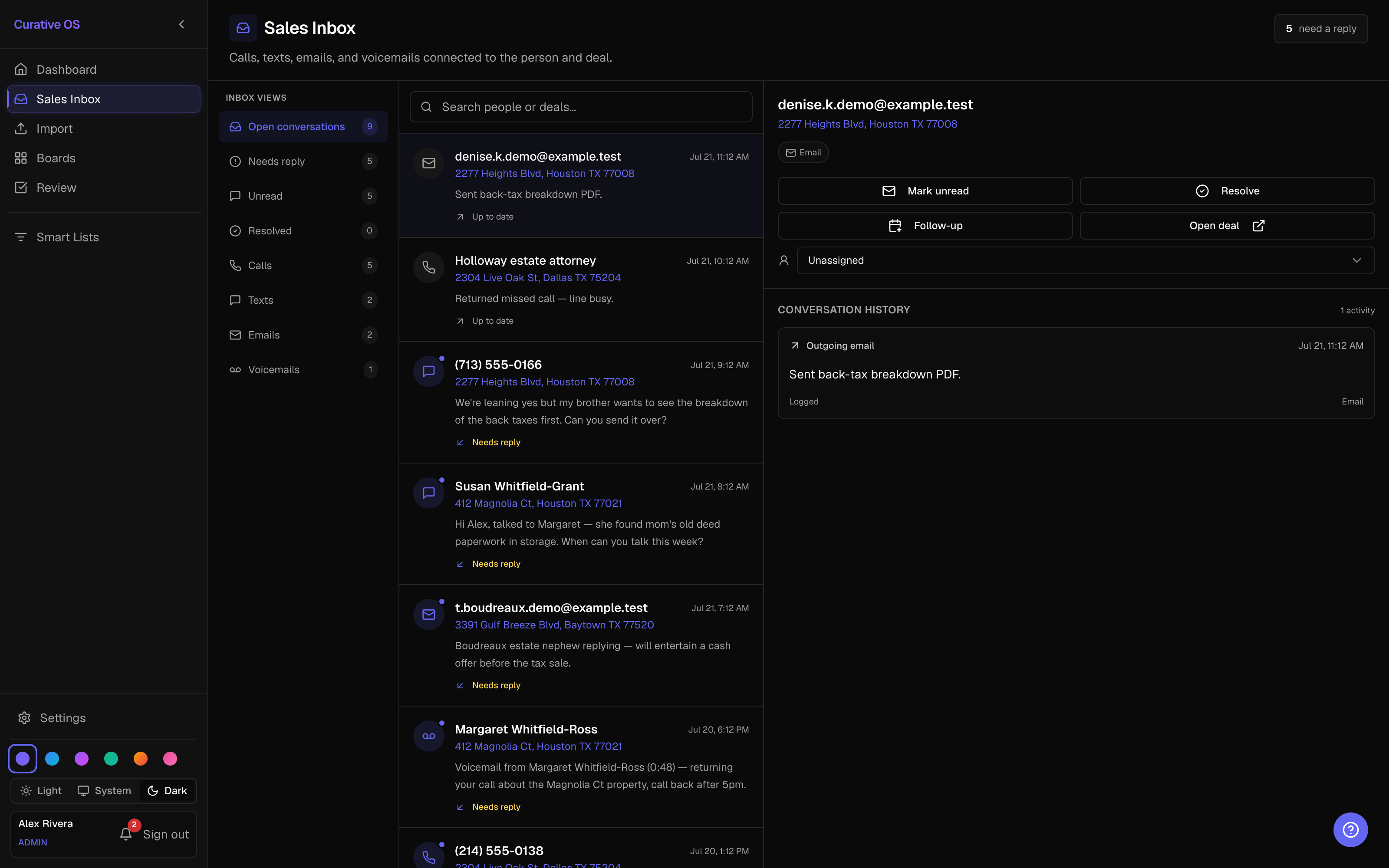 Curative OS Sales Inbox grouping calls, texts, and voicemails by person and deal