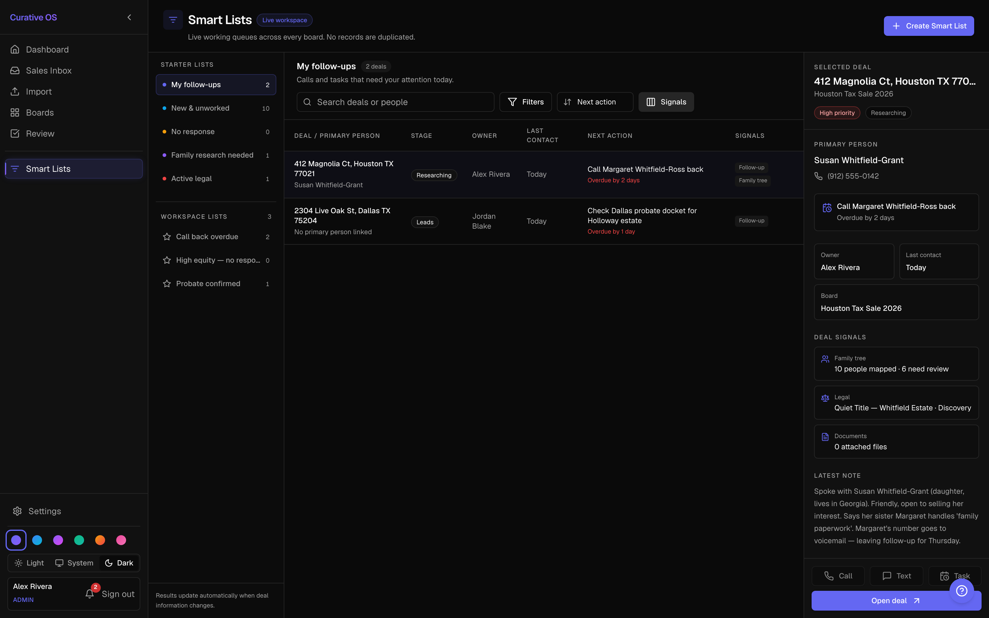 Curative OS Smart List showing a live filtered queue of deals
