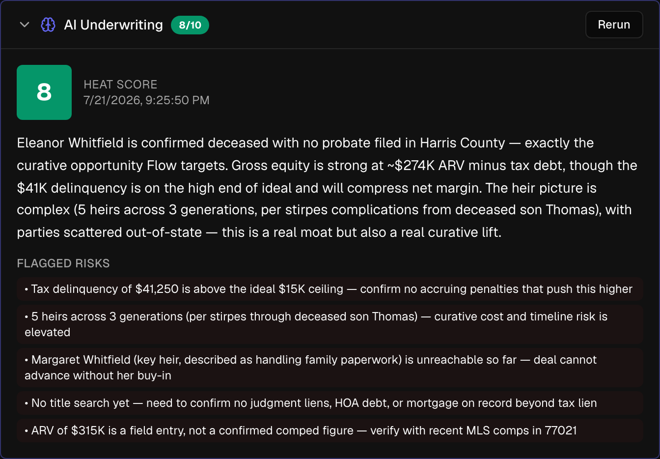 Curative OS AI Underwriting panel with an 8 out of 10 heat score, reasoning, and flagged risks